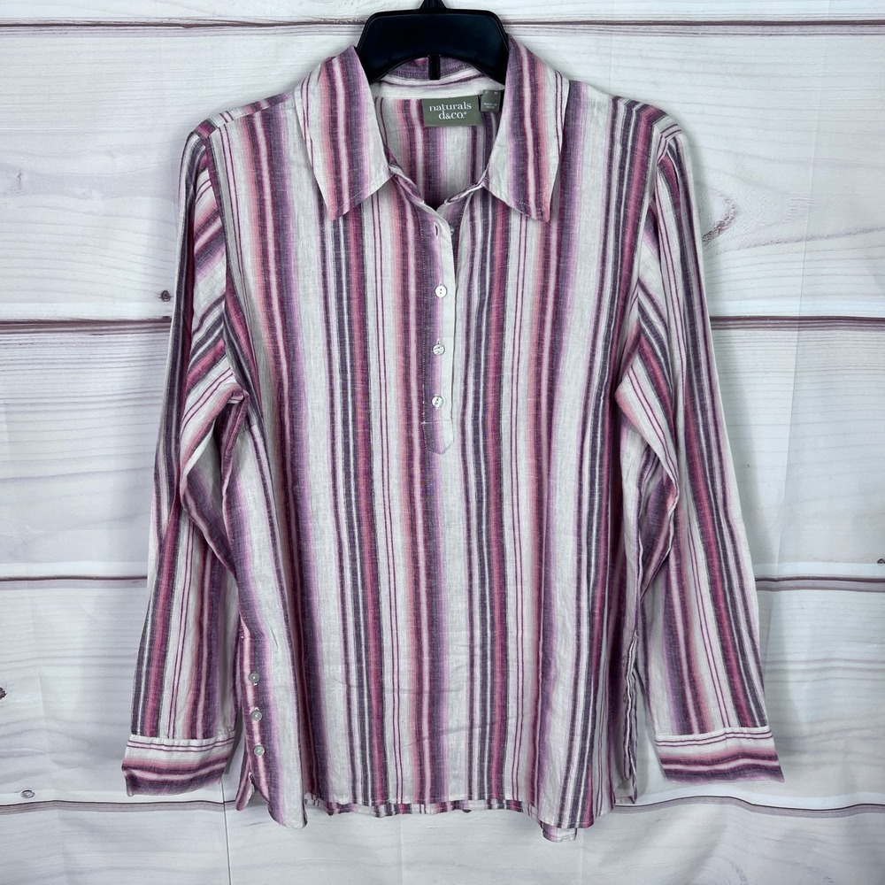 Denim & Co. Naturals Top Womens S Purple Striped Shirt Linen Blend Side Buttons